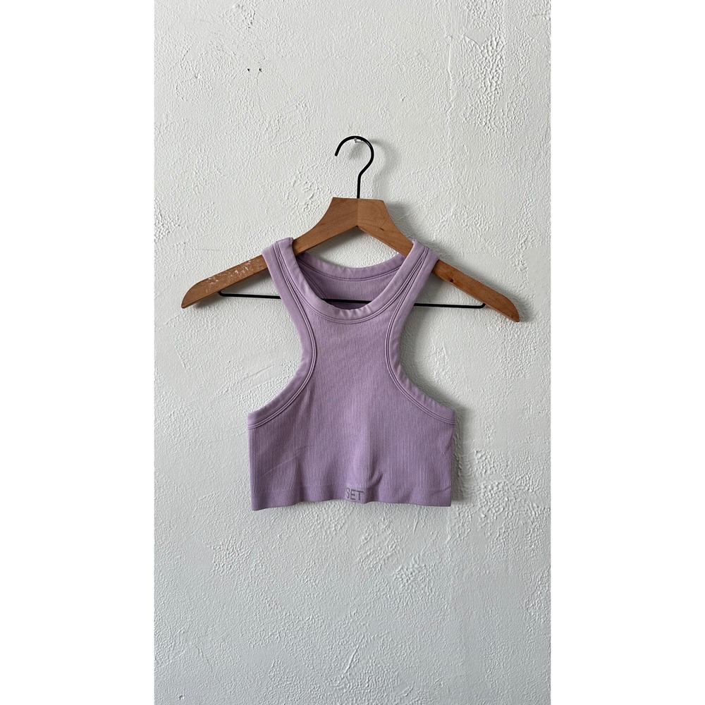 SET Active Ribbed High Neck Racerback Crop Top Lavender Purple Womens Small